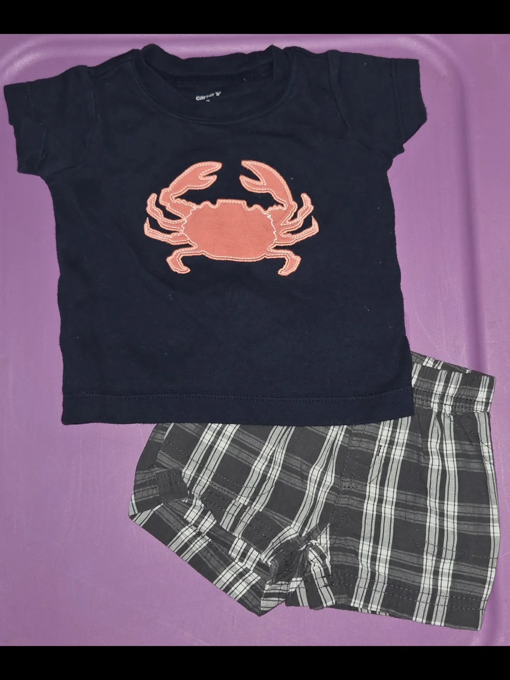 Carter's Navy Tee & Black Plaid Shorts with Coral Crab Size 3 Months EUC